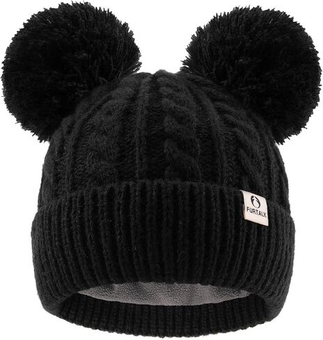 FURTALK Girls Winter Beanie Hat with Double Knitted Pom Pom Warm Fleece Lined Knit Soft Skull Cap for Toddler Kids in Saudi Arabia