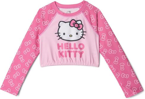 طقم سباحة Hello Kitty Girls Raglan Rash Guard وجزء سفلي بيكيني بعامل حماية من الأشعة فوق البنفسجية 50+، مقاسات الأطفال الصغار إلى الأطفال الكبار (5-14-16) in Kuwait