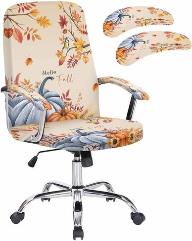 Hello Fall Office Chair Cover Large Stretchable with Armrest Covers,Thanksgiving Pumpkin Leaves Bird Blue Orange Removable Computer Chair Back Covers Office Desk Chair Seat Cushion Slipcovers in Kuwait