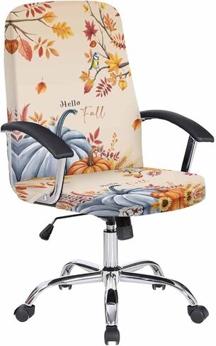 Hello Fall Office Chair Cover Large Stretchable with Armrest Covers,Thanksgiving Pumpkin Leaves Bird Blue Orange Removable Computer Chair Back Covers Office Desk Chair Seat Cushion Slipcovers in Kuwait