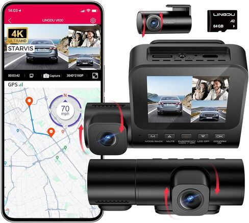 LD08 5K 3 Channel Dash Cam with 128GB eMMC, ADAS, Dashcam Front and Rear Insided with 5GHz WiFi GPS, Voice Control Night Vision G-Sensor Car Camera, 24H Parking Mode Loop Recording Driving Recorder in Kuwait
