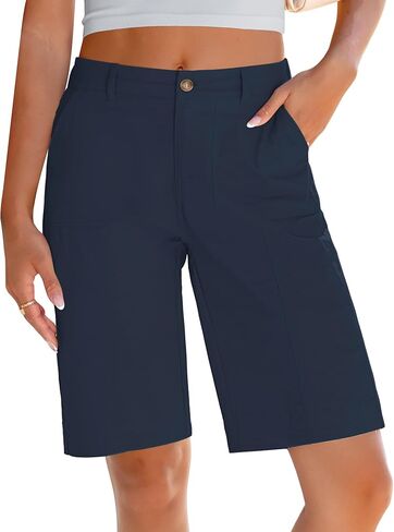 LookbookStore Bermuda Shorts for Women Cotton Knee Length High Waisted Elastic Waist Summer Dressy Casual Long Shorts in Saudi Arabia