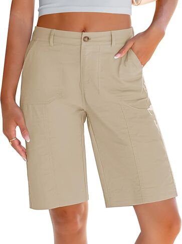 LookbookStore Bermuda Shorts for Women Cotton Knee Length High Waisted Elastic Waist Summer Dressy Casual Long Shorts in Saudi Arabia