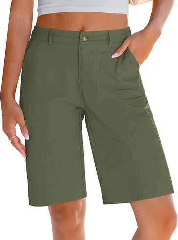 LookbookStore Bermuda Shorts for Women Cotton Knee Length High Waisted Elastic Waist Summer Dressy Casual Long Shorts in Saudi Arabia