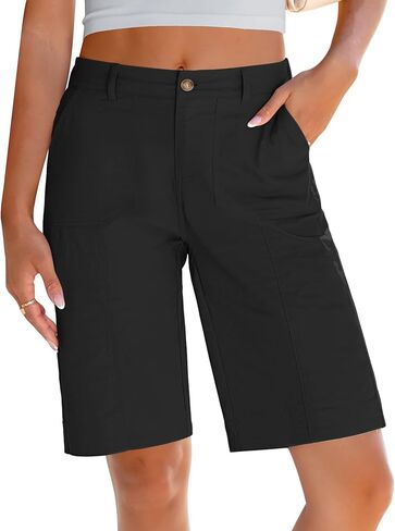 LookbookStore Bermuda Shorts for Women Cotton Knee Length High Waisted Elastic Waist Summer Dressy Casual Long Shorts in Saudi Arabia