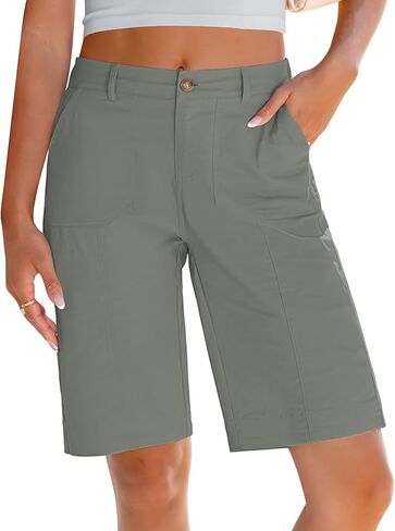 LookbookStore Bermuda Shorts for Women Cotton Knee Length High Waisted Elastic Waist Summer Dressy Casual Long Shorts in Saudi Arabia