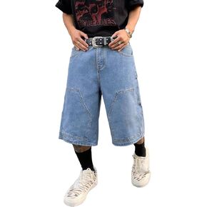 Mens Baggy Jeans Shorts Loose Fit Multiple Pockets Wide-Leg Denim Shorts Below Knee Hip Hop Streetwear in Saudi Arabia