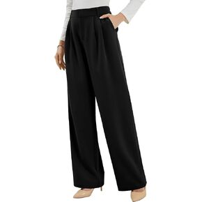 سروال فستان نسائي واسع الساق من FABRACK بخصر مطاطي مريح للعمل سروال عمل كاجوال للمكتب والسفر مع جيوب in Kuwait