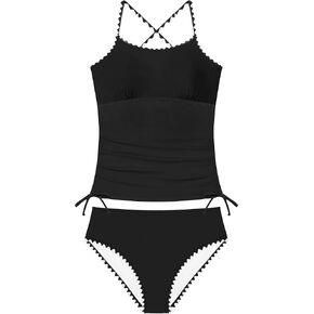 Girls Swimsuit 2 Piece Solid Color Tankini Contrast Trim Drawstring with Padded Girl Bathing Suit for Teens 9-16Y in Saudi Arabia