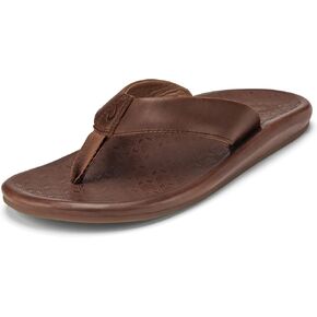 OLUKAI 'Ilikai Men's Leather Sandals, Full-Grain Leather Flip-Flop Slides, Anatomical Footbed & Cushioning, Comfort Fit & Wet Grip Rubber in Saudi Arabia
