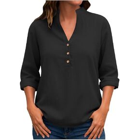 Linen Shirts Long Sleeve Women Quarter Button V Neck Tops Casual Loose Fit Blouse Late Summer Early Fall Spring Trend in Saudi Arabia