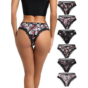 6-Pack Gothic Thong Panties, Skull & Rose Print Lace Trim Sexy Alt Underwear, Low Rise Emo T-Back Briefs in Saudi Arabia