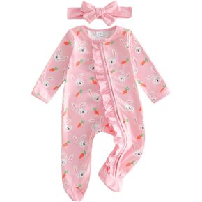 Lamuusaa Newborn Baby Girl Easter Outfit Bunny Bow Print Footie Romper Ruffle Bodysuit Zipper Jumpsuit Headband 0-18M in Kuwait