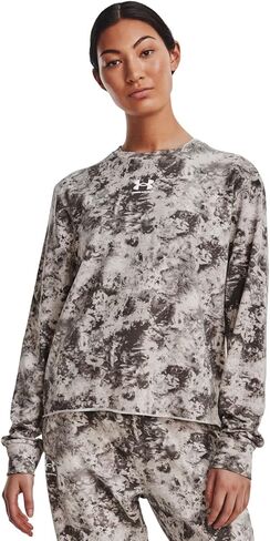 Under Armour - Womens Rival Terry Print Crew Long-Sleeve T-Shirt, Color Strobe/White (577), Size: Large in Saudi Arabia
