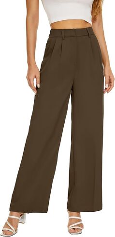 Women Office Wide High Waist Pants Loose Fit Elastic Waist Pleated Front Trousers for Work Casual in Saudi Arabia