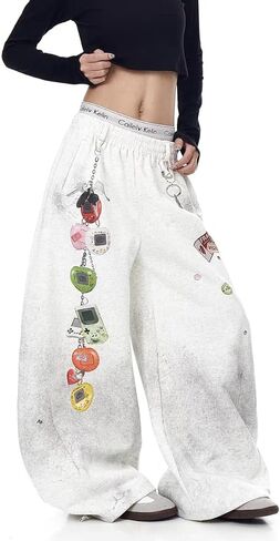 Unisex Y2k Vintage 3D Cartoon Chain Print Sweatpants Grunge Distressed Baggy Wide Leg Pants Hiphop Streetwear Joggers in Saudi Arabia