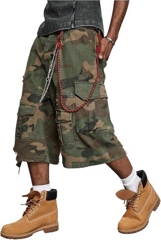 WDIRARA Men's Camo Cargo Denim Shorts Baggy Jorts Ripped Wide Leg Capri Jeans Streetwear in Saudi Arabia