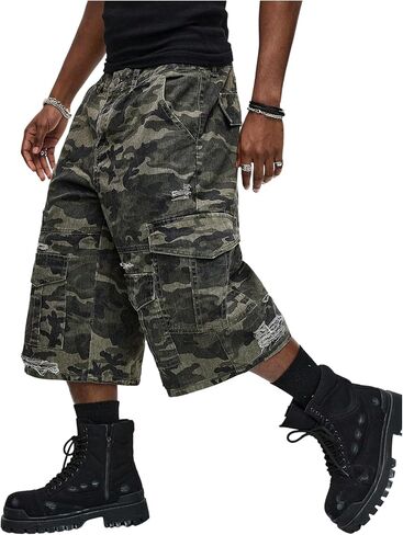 WDIRARA Men's Camo Cargo Denim Shorts Baggy Jorts Ripped Wide Leg Capri Jeans Streetwear in Saudi Arabia