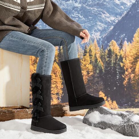 Iarus Womens Winter Snow Boots Warm Fuzzy Mid Calf Tall Boots | Suede Comfortable Ladies Booties Fur Lined Classic Bow Tie Outdoors in Saudi Arabia