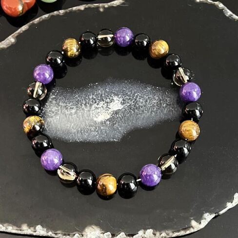 1PC Tiger's Eye Beaded Bracelet – 8 mm Stretchy Healing Crystal Jewelry for Men and Women, Fashion Accessory for Energy Balancing with Gift Box (Purple & Brown) in Saudi Arabia