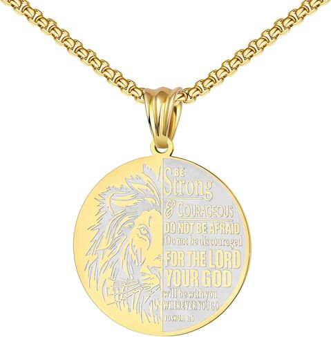 غطاء الكتاب المقدس Be Strong Lion - Joshua 1:9، قلادة من الفولاذ المقاوم للصدأ محفورة باللغة الإنجليزية لوردات الكتاب المقدس in Saudi Arabia