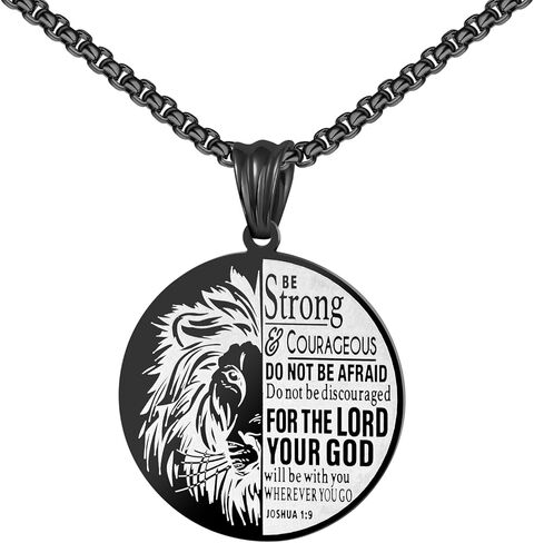 غطاء الكتاب المقدس Be Strong Lion - Joshua 1:9، قلادة من الفولاذ المقاوم للصدأ محفورة باللغة الإنجليزية لوردات الكتاب المقدس in Saudi Arabia