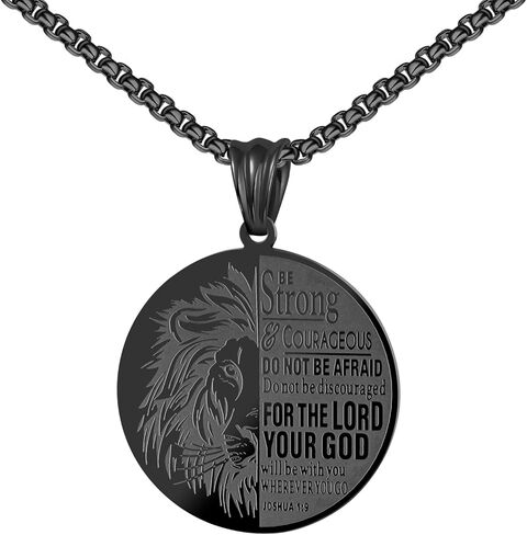 غطاء الكتاب المقدس Be Strong Lion - Joshua 1:9، قلادة من الفولاذ المقاوم للصدأ محفورة باللغة الإنجليزية لوردات الكتاب المقدس in Saudi Arabia