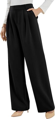 سروال فستان نسائي واسع الساق من FABRACK بخصر مطاطي مريح للعمل سروال عمل كاجوال للمكتب والسفر مع جيوب in Kuwait