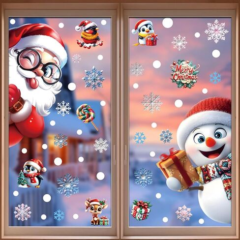 زينة نافذة عيد الميلاد، 55 قطعة من ملصقات الديكور الثابتة ورقتين، ملصقات زجاجية على الوجهين، ملصق ديكورات كرتونية للعطلات الداخلية in Kuwait