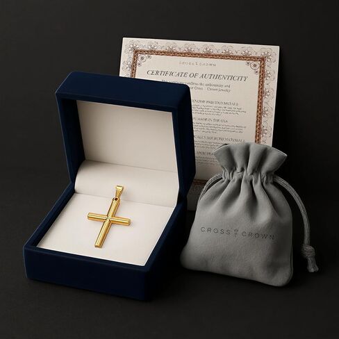 Cross+Crown Premium 14K Yellow Gold Tube Cross Pendant, Durable Double-Bonded 14K Pendant for Necklace, Women & Mens Gold Tube Cross for Chain, Handcrafted Religious Jewelry in the USA with Premium Jewelry Box in Saudi Arabia