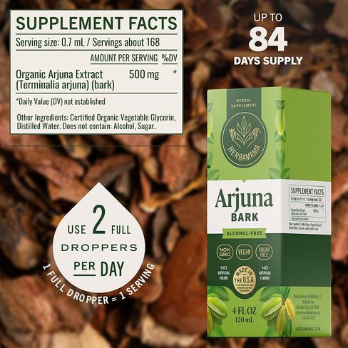 HERBAMAMA Arjuna Tincture - Vegan Antioxidant Support with Terminalia Arjuna Bark Extract Drops - Non-GMO, Alcohol & Sugar-Free Liquid Supplement, 84-Day Supply in Saudi Arabia