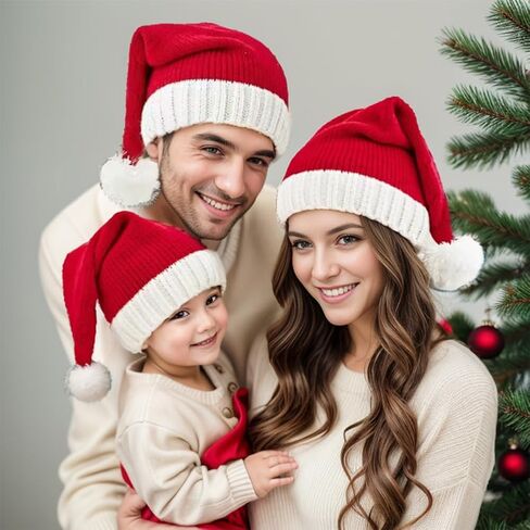 Santa Hat Knitted Christmas Hats Parent-Child Pom Winter Hat Beanie Skull Caps for Kids Adult in Saudi Arabia