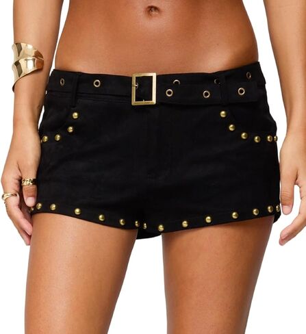 Faretumiya Women Y2k Studded Belt Micro Shorts Low Rise Rivet Denim Shorts Buckle Mini Bottoms Punk Streetwear in Saudi Arabia