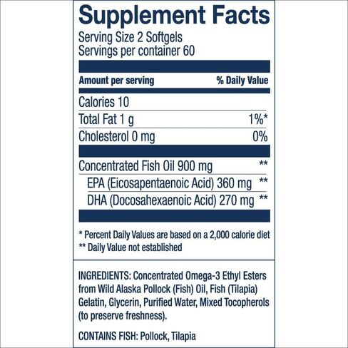 زيت سمك ألاسكا البري من وايلي فاينيست سهل ابتلاعه - مكمل زيت السمك أوميجا 3 للبالغين والأطفال - قوة مزدوجة 630 مجم EPA وDHA مكمل طبيعي - 120 كبسولة هلامية صغيرة (60 حصة) in Kuwait