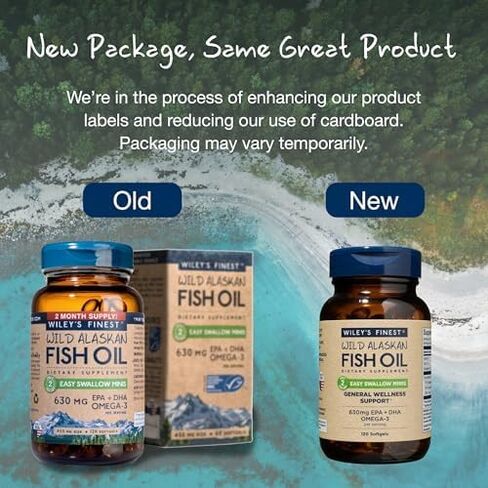 زيت سمك ألاسكا البري من وايلي فاينيست سهل ابتلاعه - مكمل زيت السمك أوميجا 3 للبالغين والأطفال - قوة مزدوجة 630 مجم EPA وDHA مكمل طبيعي - 120 كبسولة هلامية صغيرة (60 حصة) in Kuwait