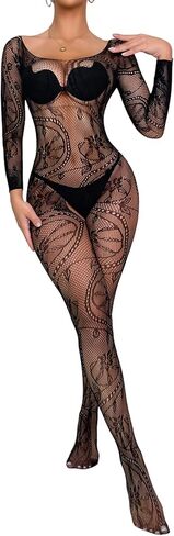 RUIBAVYA Women's Sexy Lace Fishnet Bodysuit Long Sleeve Mesh Jumpsuit Full Body Stockings Net Bodysuit in Saudi Arabia