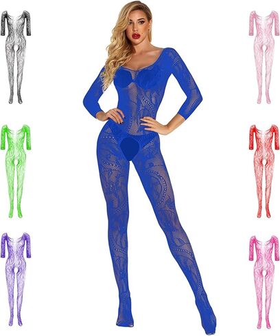 RUIBAVYA Women's Sexy Lace Fishnet Bodysuit Long Sleeve Mesh Jumpsuit Full Body Stockings Net Bodysuit in Saudi Arabia