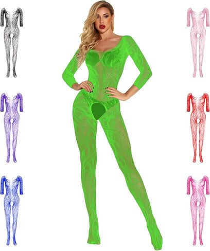 RUIBAVYA Women's Sexy Lace Fishnet Bodysuit Long Sleeve Mesh Jumpsuit Full Body Stockings Net Bodysuit in Saudi Arabia
