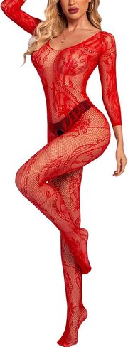 RUIBAVYA Women's Sexy Lace Fishnet Bodysuit Long Sleeve Mesh Jumpsuit Full Body Stockings Net Bodysuit in Saudi Arabia