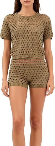 Women's Beige Crochet Mesh Beach Cover Up Set - Short Sleeve Cropped Top & Shorts 2-Piece Sheer Knit Hollow Out Swim Coverup in Saudi Arabia