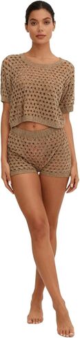 Women's Beige Crochet Mesh Beach Cover Up Set - Short Sleeve Cropped Top & Shorts 2-Piece Sheer Knit Hollow Out Swim Coverup in Saudi Arabia