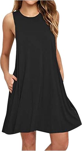 Summer Dress for Women Casual Sleeveless Tshirt Sundress Beach Coverup Dresses Loose Boho Tank Dress with Pockets in Saudi Arabia