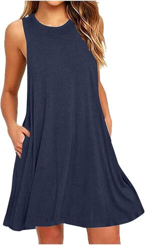 Summer Dress for Women Casual Sleeveless Tshirt Sundress Beach Coverup Dresses Loose Boho Tank Dress with Pockets in Saudi Arabia