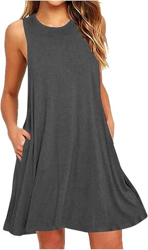 Summer Dress for Women Casual Sleeveless Tshirt Sundress Beach Coverup Dresses Loose Boho Tank Dress with Pockets in Saudi Arabia