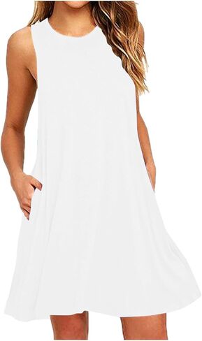 Summer Dress for Women Casual Sleeveless Tshirt Sundress Beach Coverup Dresses Loose Boho Tank Dress with Pockets in Saudi Arabia