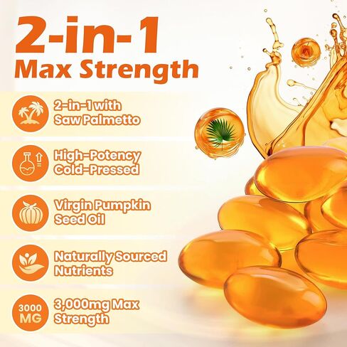 Pumpkin Seed Oil 3000mg with Saw Palmetto Softgels | Cold Pressed Virgin Oil for Hair Growth & Prostate Health | Supports Urinary & Bladder Function, Non-GMO in Saudi Arabia