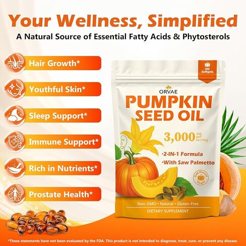 Pumpkin Seed Oil 3000mg with Saw Palmetto Softgels | Cold Pressed Virgin Oil for Hair Growth & Prostate Health | Supports Urinary & Bladder Function, Non-GMO in Saudi Arabia
