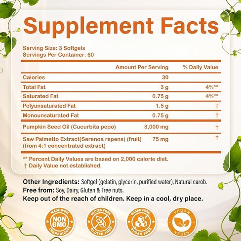 Pumpkin Seed Oil 3000mg with Saw Palmetto Softgels | Cold Pressed Virgin Oil for Hair Growth & Prostate Health | Supports Urinary & Bladder Function, Non-GMO in Saudi Arabia