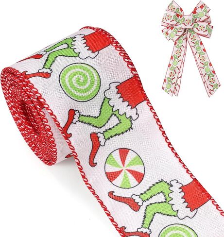 Christmas Ribbon for Tree, Red Green Funny Xmas Cartoon Character Ribbon Wired Peppermint Fabric Ribbon Gift Wrapping DIY Craft Wreath Bows Making Xmas Tree Decor Party Decoration, 10 Yards x 2.5inch in Kuwait