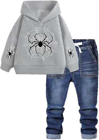 Boys Pullover Hoodie and Denim Jeans Outfits Set -2 Piece Spider Web Sweatshirt and Pants for Kids 3-10 Years in Kuwait